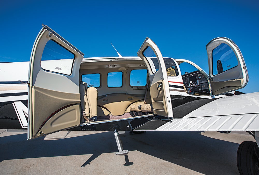 Beechcraft Bonanza G36 right-side clamshell baggage door open